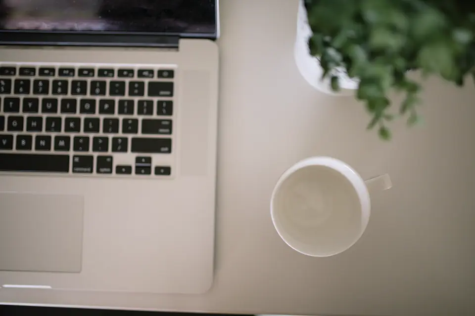 A laptop on a white desk next to a coffee cup and a small plant