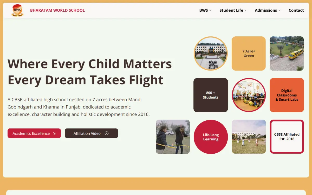 Bharatam World School website, home page
