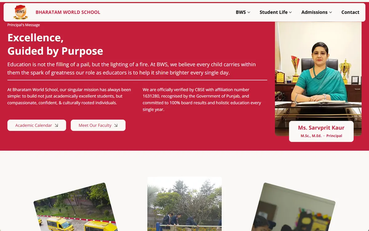 Bharatam World School website: the next step, “Excellence, Guided by Purpose”