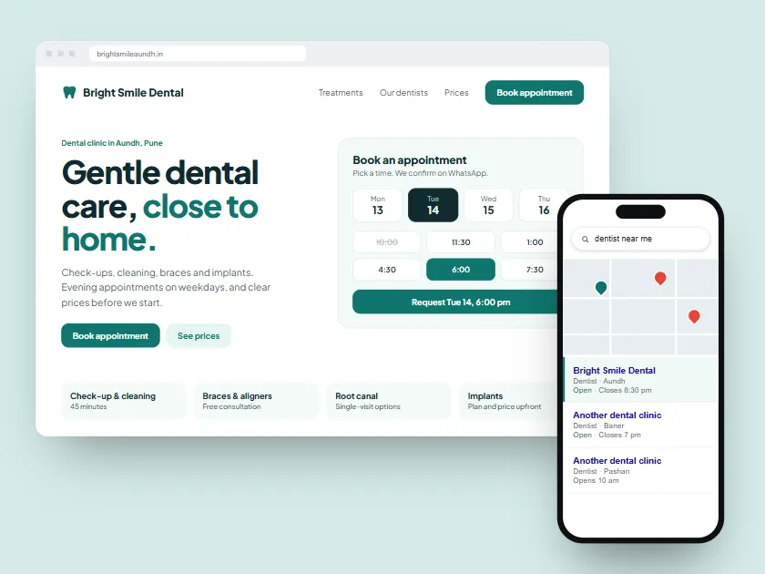 Concept design for Bright Smile Dental: a clinic website with appointment slots, and a map search result on a phone