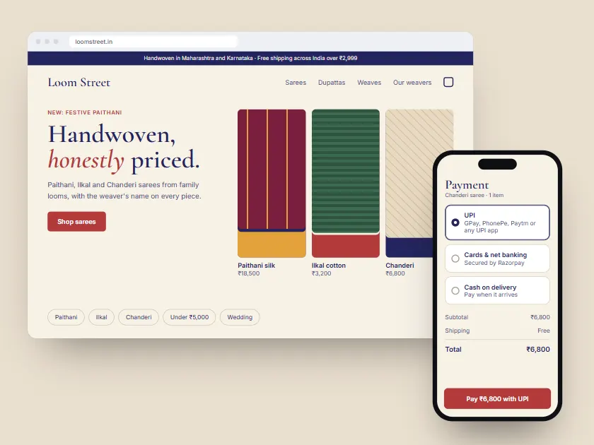 Concept design for Loom Street: a handloom saree store on a laptop, and a checkout with UPI and cash on delivery on a phone