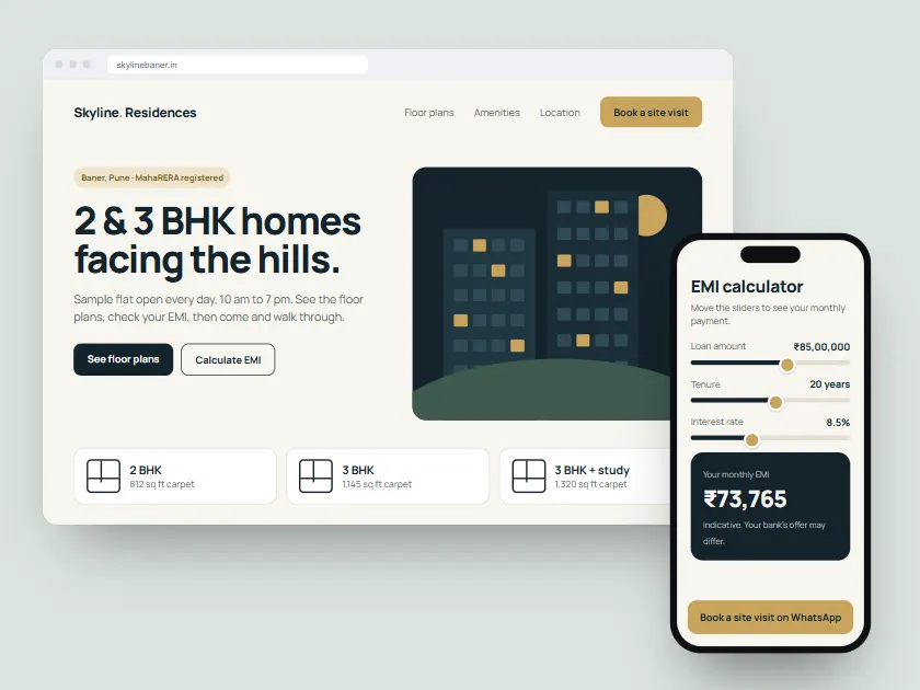 Concept design for Skyline Residences: a real estate website with floor plans, and an EMI calculator on a phone