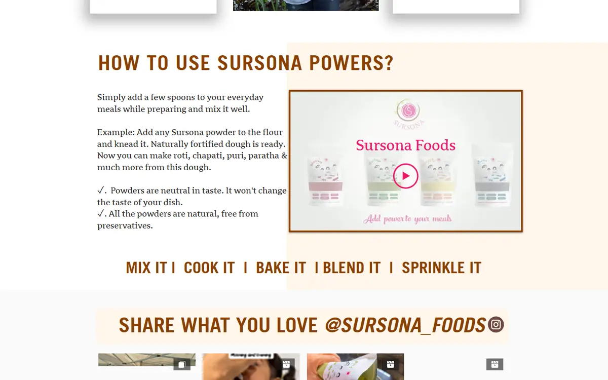 Sursona Foods website: proof and trust, “How to use Sursona powders”